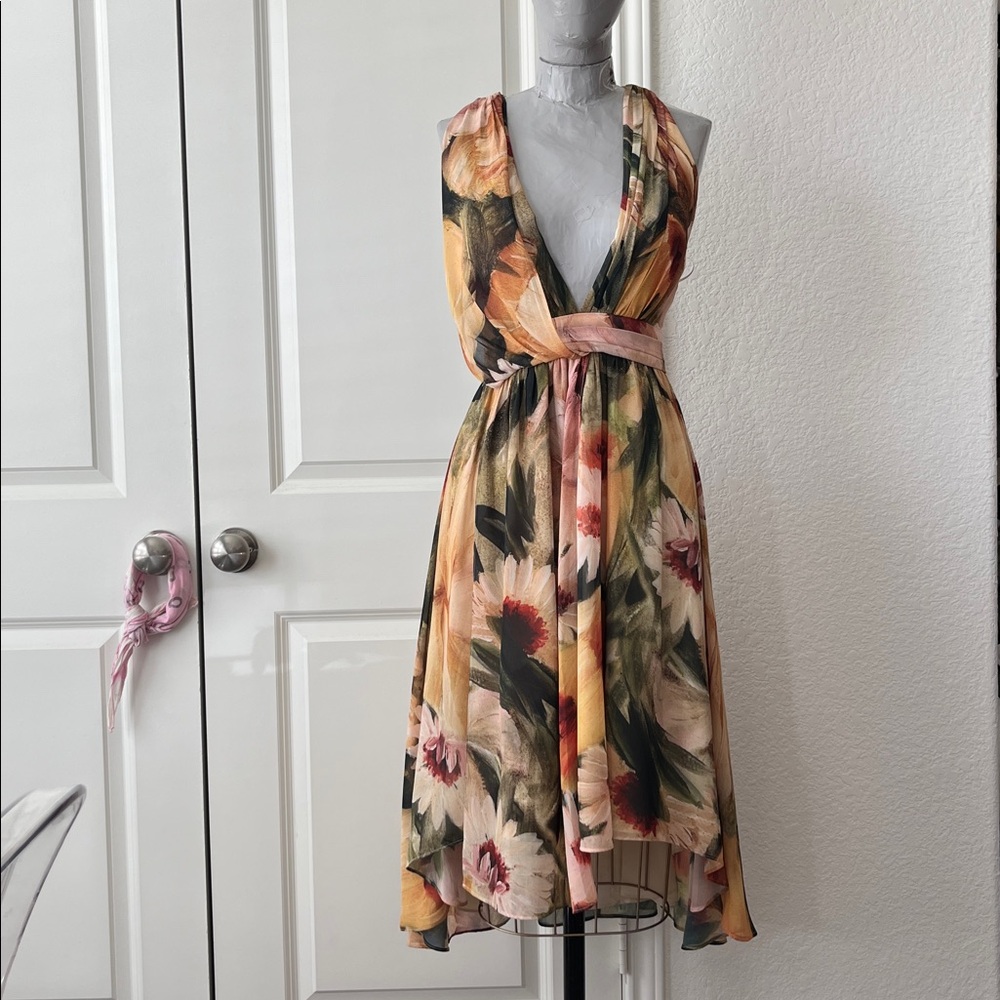 Haute Hippies Plunge Sunflower V Neck Draped Midi A Line Chiffon Crepe Dress - Picture 7 of 12